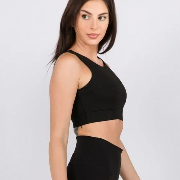 Lattice Open Back Activewear Sports Bra Strappy Back Plain Black Athletic - Picture 3 of 4